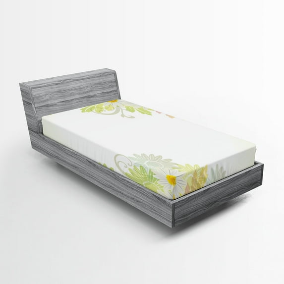 Ambesonne Flower Fitted Sheet, Daisies Sun Like Art Print, Twin Size, White and Yellow