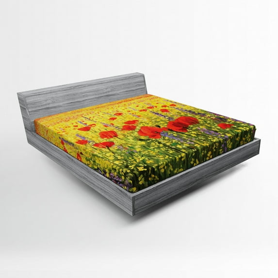 Ambesonne Flower Fitted Sheet, Field with Poppies Farm, Queen Size, Yellow Red Green