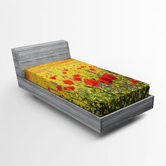 Ambesonne Flower Fitted Sheet, Field with Poppies Farm, Twin XL Size, Yellow Red Green