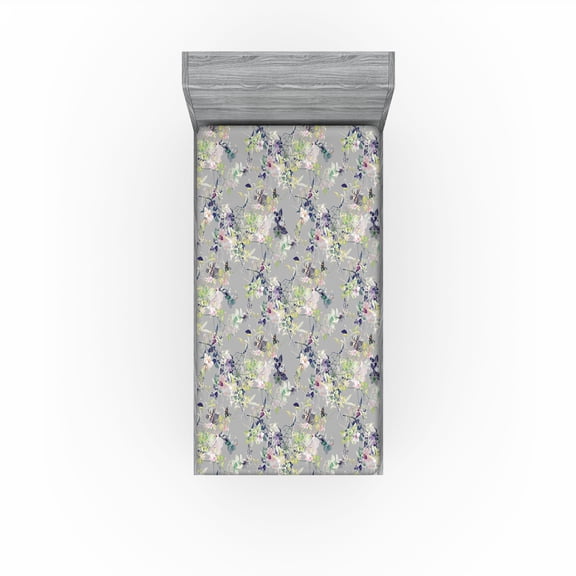 Ambesonne Flower Fitted Sheet, Floral Nature Spring Branch, Twin Size, Grey Lime Green and Pale Pink