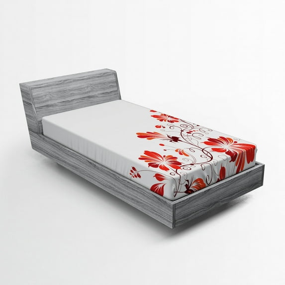 Ambesonne Flower Fitted Sheet, Floral Petal Ornaments, Twin Size, Red White