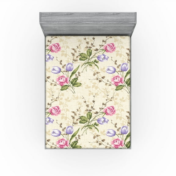 Ambesonne Flower Fitted Sheet, Garden Vintage Floral Print, Full Size, Pale Camel Pale Pink