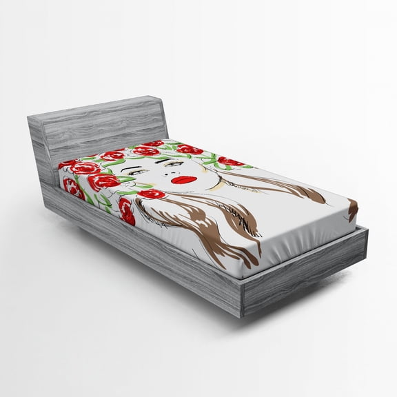 Ambesonne Flower Fitted Sheet, Lady with Floral Ornament, Twin XL Size, Green Red Tan