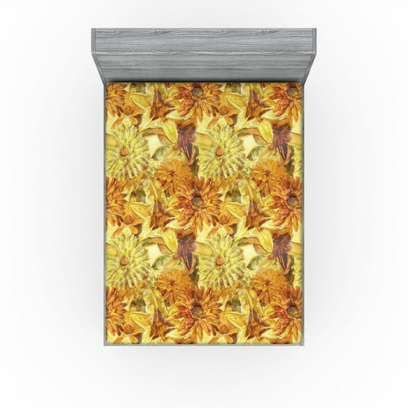 Ambesonne Flower Fitted Sheet, Lily Aster and Gerbera Fall, King Size, Cinnamon Mustard and Amber