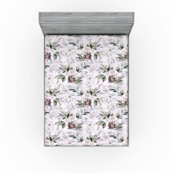 Ambesonne Flower Fitted Sheet, Pastel Tone Floral Leaf Art, California King, Pastel Purple Sage Green