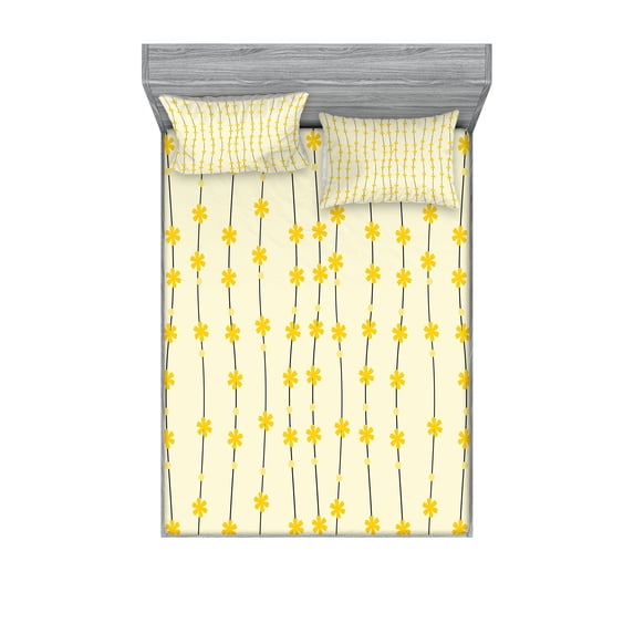 Ambesonne Flower Fitted Sheet & Pillow Sham Set, Abstract Little Daffodils, Queen, Champagne Yellow