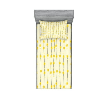 Ambesonne Flower Fitted Sheet & Pillow Sham Set, Abstract Little Daffodils, Twinxl, Champagne Yellow