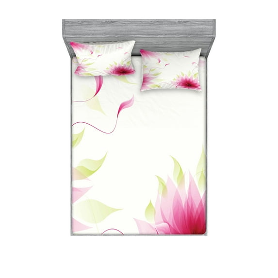 Ambesonne Flower Fitted Sheet & Pillow Sham Set, Abstract Natural Lotus, Queen, Pink and White