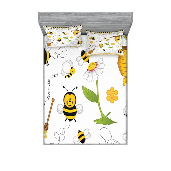 Ambesonne Flower Fitted Sheet & Pillow Sham Set, Bees Daisies Chamomile, Queen, Yellow White and Black