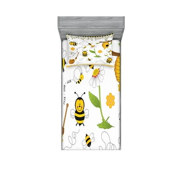 Ambesonne Flower Fitted Sheet & Pillow Sham Set, Bees Daisies Chamomile, Twin, Yellow White and Black