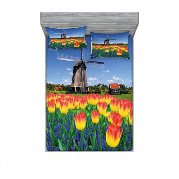 Ambesonne Flower Fitted Sheet & Pillow Sham Set, Blooming Tulip Windmill, Full, Yellow Blue