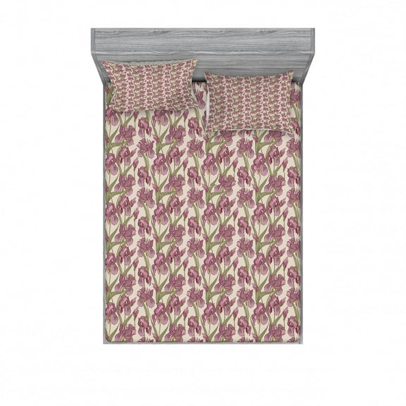 Ambesonne Flower Fitted Sheet & Pillow Sham Set, Blossoming Growth Pattern, Full, Pale Green Dried Rose