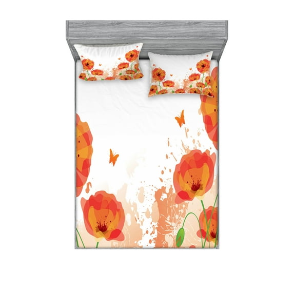 Ambesonne Flower Fitted Sheet & Pillow Sham Set, Bridal Watercolor Art, Queen, Red White