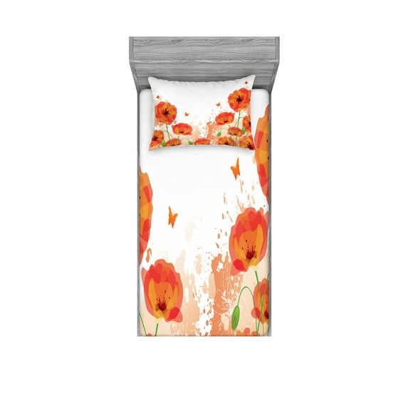 Ambesonne Flower Fitted Sheet & Pillow Sham Set, Bridal Watercolor Art, Twin, Red White