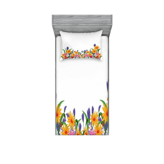 Ambesonne Flower Fitted Sheet & Pillow Sham Set, Cartoon Garden Tulips, Twinxl, Multicolor