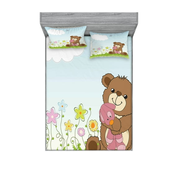 Ambesonne Flower Fitted Sheet & Pillow Sham Set, Cartoon Teddy Bear and, Full, Multicolor