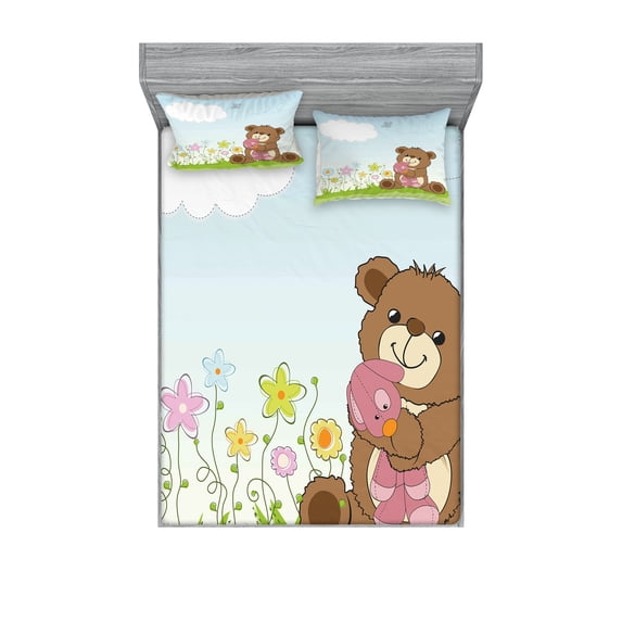 Ambesonne Flower Fitted Sheet & Pillow Sham Set, Cartoon Teddy Bear and, Queen, Multicolor