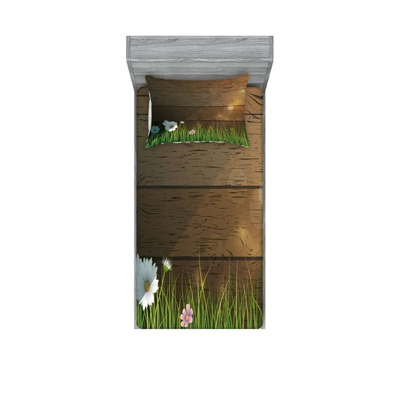 Ambesonne Flower Fitted Sheet & Pillow Sham Set, Chamomile Field Grass, Twin, Green Brown