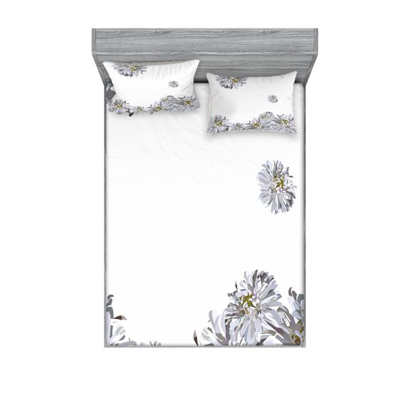 Ambesonne Flower Fitted Sheet & Pillow Sham Set, Chamomiles Springtime, Full, Grey Mustard