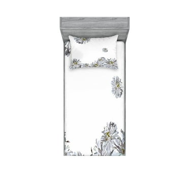 Ambesonne Flower Fitted Sheet & Pillow Sham Set, Chamomiles Springtime, Twinxl, Grey Mustard