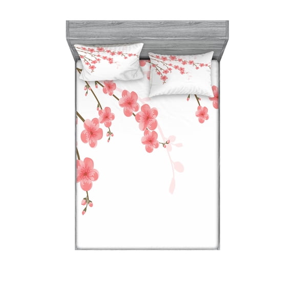 Ambesonne Flower Fitted Sheet & Pillow Sham Set, Cherry Blossom Art, Queen, Pink Green