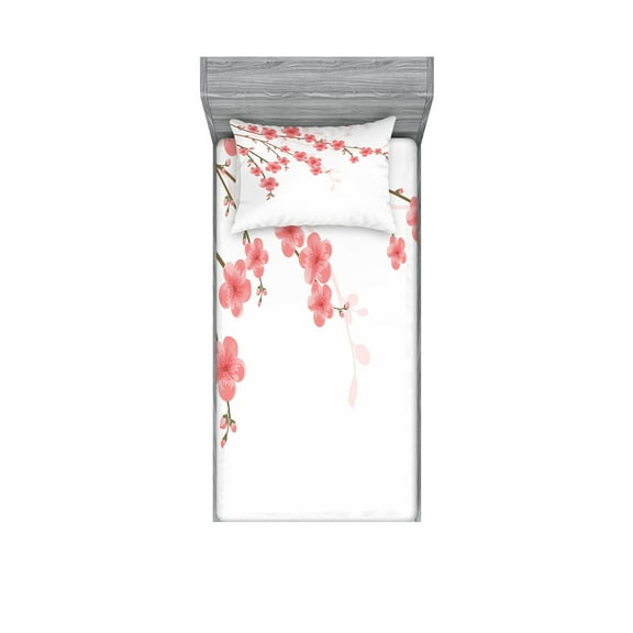 Ambesonne Flower Fitted Sheet & Pillow Sham Set, Cherry Blossom Art, Twin, Pink Green