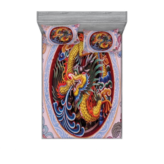 Ambesonne Flower Fitted Sheet & Pillow Sham Set, Chinese Dragon Mythical, Queen, Yellow Blue