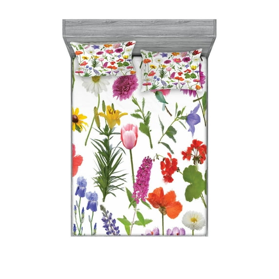 Ambesonne Flower Fitted Sheet & Pillow Sham Set, Colored Roses Tulips, Calking, Multicolor