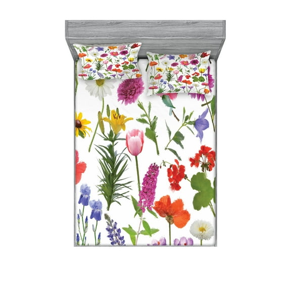 Ambesonne Flower Fitted Sheet & Pillow Sham Set, Colored Roses Tulips, Full, Multicolor