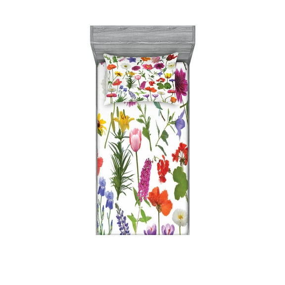 Ambesonne Flower Fitted Sheet & Pillow Sham Set, Colored Roses Tulips, Twinxl, Multicolor
