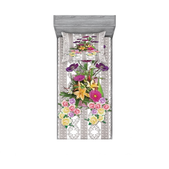 Ambesonne Flower Fitted Sheet & Pillow Sham Set, Colorful Bouquet on Curls, Twin, Warm Taupe Multicolor