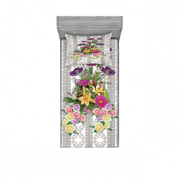 Ambesonne Flower Fitted Sheet & Pillow Sham Set, Colorful Bouquet on Curls, Twinxl, Warm Taupe Multicolor