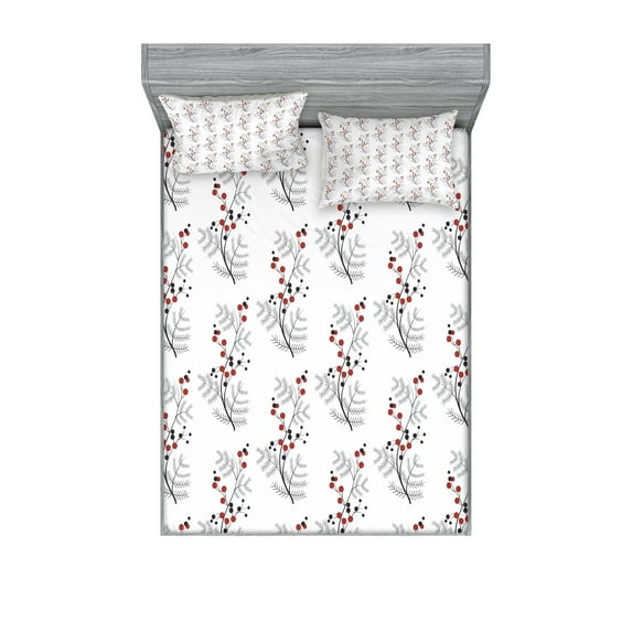 Ambesonne Flower Fitted Sheet & Pillow Sham Set, Curvy Dotted Branches, Full, Red Black White