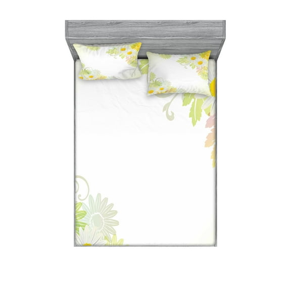 Ambesonne Flower Fitted Sheet & Pillow Sham Set, Daisies Sun Like Art Print, Full, White and Yellow