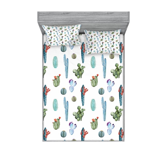 Ambesonne Flower Fitted Sheet & Pillow Sham Set, Desert Hot Mexican South, Full, Blue and Green