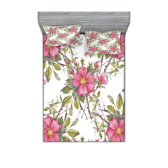 Ambesonne Flower Fitted Sheet & Pillow Sham Set, Dog Rose Garden Floral, Full, Lime Green Pale Pink