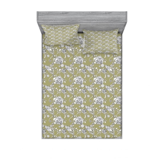 Ambesonne Flower Fitted Sheet & Pillow Sham Set, Doodle Style Spring Bloom, Queen, Sepia Black and White