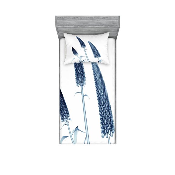 Ambesonne Flower Fitted Sheet & Pillow Sham Set, Exotic Blooms Plants, Twin, Teal White