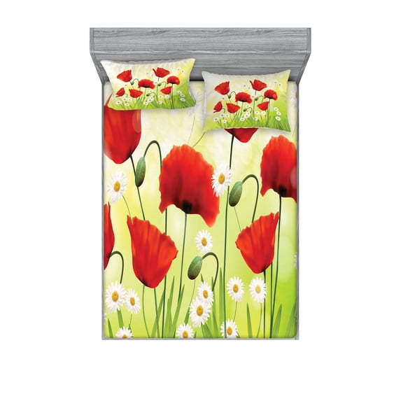 Ambesonne Flower Fitted Sheet & Pillow Sham Set, Floral Chamomile Poppy, Queen, Red Green