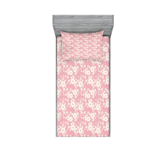 Ambesonne Flower Fitted Sheet & Pillow Sham Set, Floral Feminine Pattern Leaf, Twin, Pale Pink and Eggshell