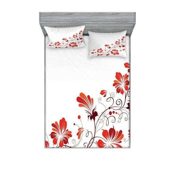 Ambesonne Flower Fitted Sheet & Pillow Sham Set, Floral Petal Ornaments, Queen, Red White