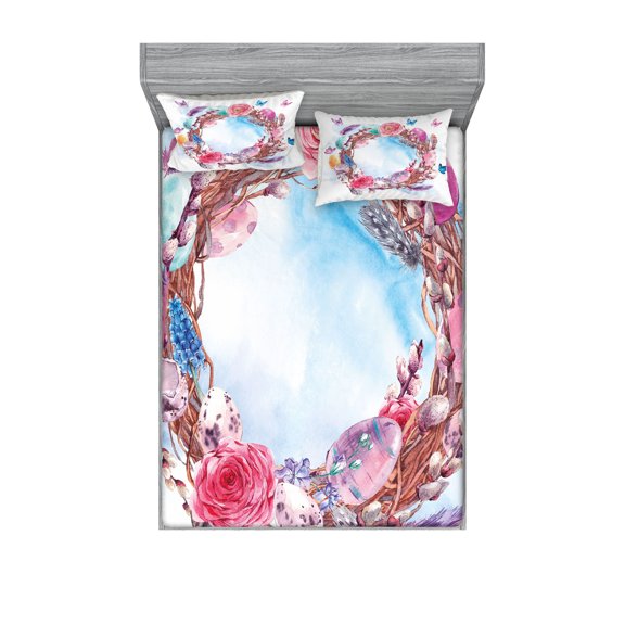 Ambesonne Flower Fitted Sheet & Pillow Sham Set, Floral Wreath Feathers, Queen, Multicolor