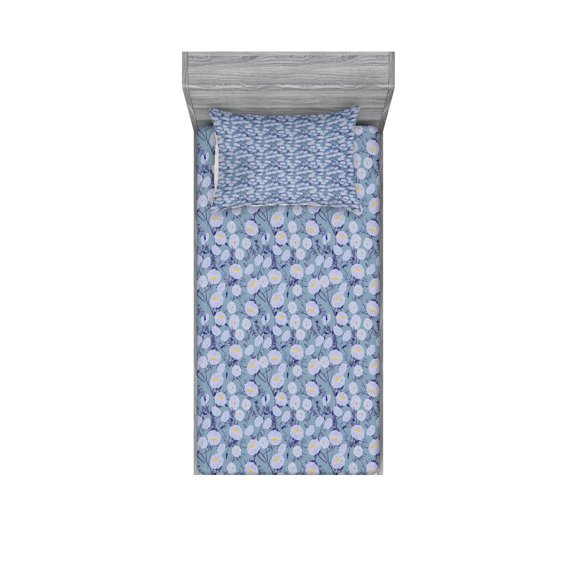 Ambesonne Flower Fitted Sheet & Pillow Sham Set, Flourishing Nature Growth, Twin, Slate Blue Purple