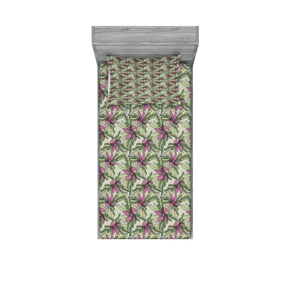 Ambesonne Flower Fitted Sheet & Pillow Sham Set, Flowers and Leaves Pattern, Twin, Multicolor