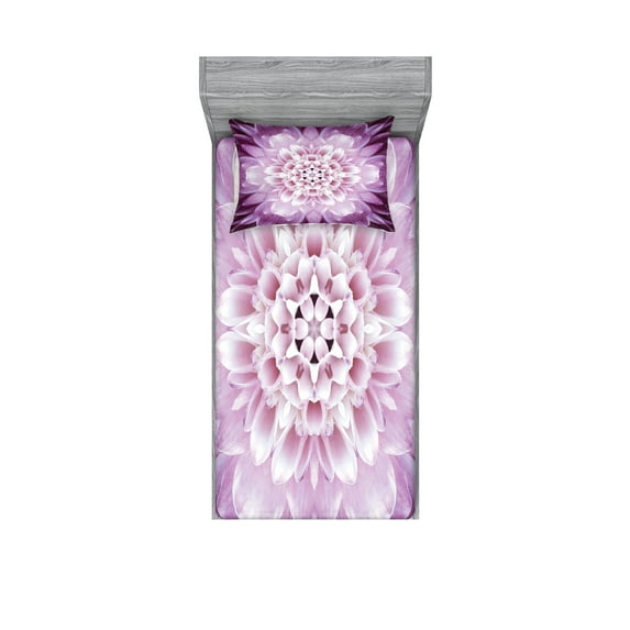 Ambesonne Flower Fitted Sheet & Pillow Sham Set, Fresh Spring Gardening, Twinxl, Violet and Pale Lilac