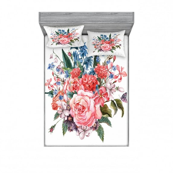 Ambesonne Flower Fitted Sheet & Pillow Sham Set, Garden Flowers Bouquet, Full, Multicolor