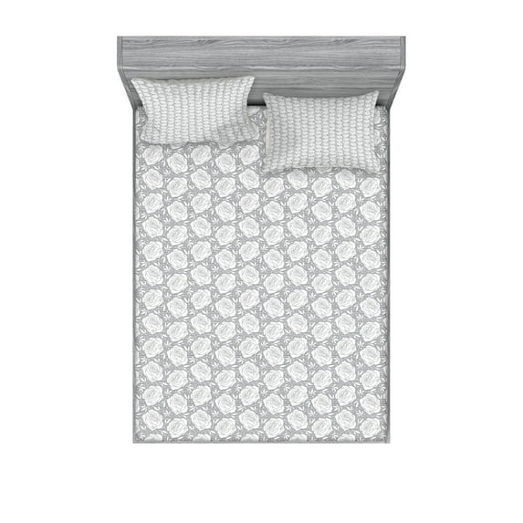 Ambesonne Flower Fitted Sheet & Pillow Sham Set, Greyscale Rose Blooms, Full, Pale Grey White