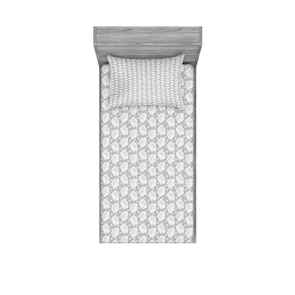 Ambesonne Flower Fitted Sheet & Pillow Sham Set, Greyscale Rose Blooms, Twinxl, Pale Grey White