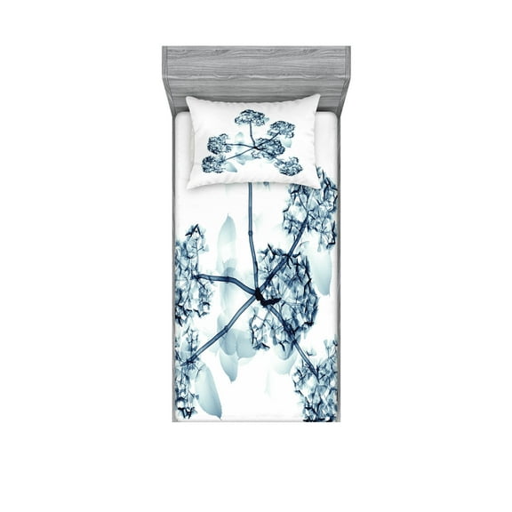 Ambesonne Flower Fitted Sheet & Pillow Sham Set, Hortentia Blossom Nature, Twinxl, Teal White