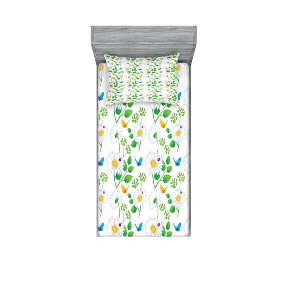 Ambesonne Flower Fitted Sheet & Pillow Sham Set, Ladybugs on Chamomiles, Twinxl, White Green